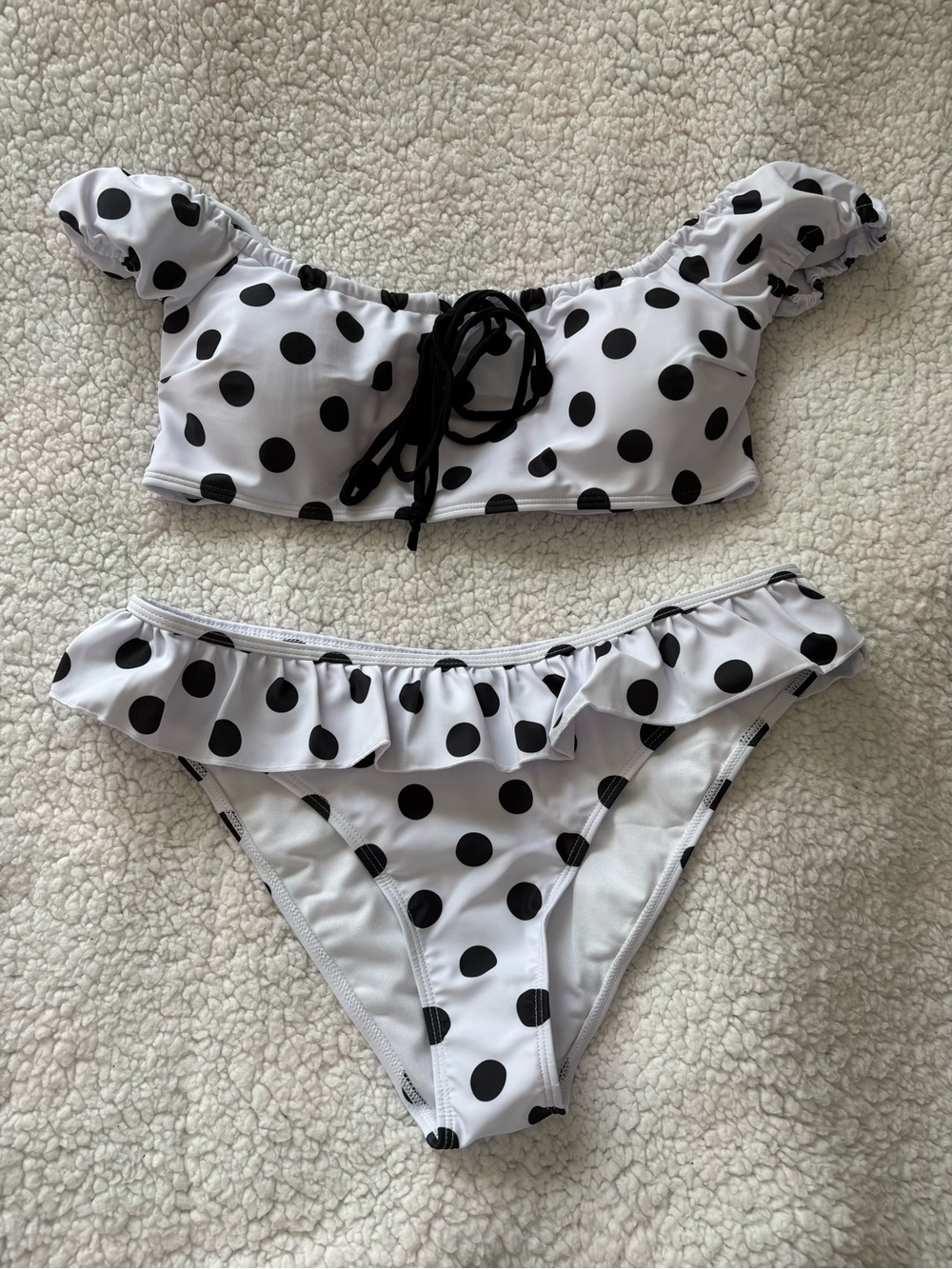 SHEIN White & Black Polka Dot Ruffle Bikini Set
